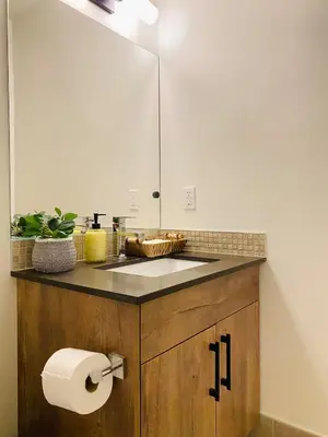 a kitchen counter with a sink and a toilet paper roll at Modern Cozy Entire Guest Suite in Central Edmonton in Edmonton