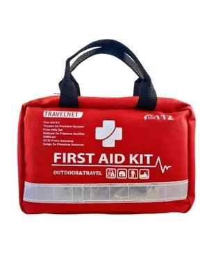 a red first aid kit in a red bag at The Private Central Edmonton Suite - Comfortable & Fully-Equipped Basement Suite in Edmonton