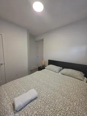 a bedroom with a bed with a pillow on it at Cozy 2 Bedroom Apartment in Calgary