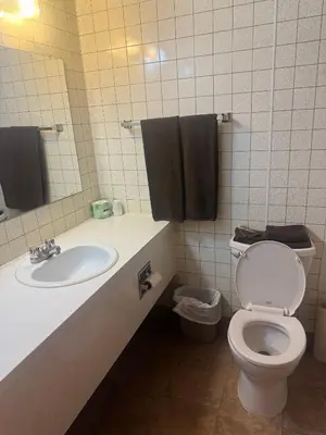 a bathroom with a toilet and a sink and a mirror at Big Horn motor Inn in Grande Cache