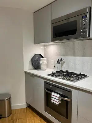 a kitchen with a stove and a microwave at Cozy Gastown condo with a view! in Vancouver