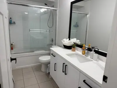 a bathroom with a sink and a toilet and a shower at Private two bedroom basement suite Sleeps six people in Surrey