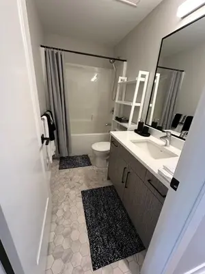 a bathroom with a sink and a toilet and a mirror at Modern One-Bedroom Retreat in Bear Mountain in Langford