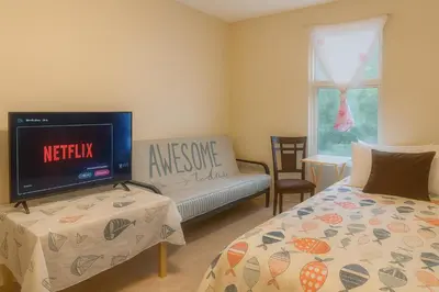 a bedroom with a tv and a bed and a couch at Bright Downtown Room Walk Everywhere Aurora Nearby in Whitehorse