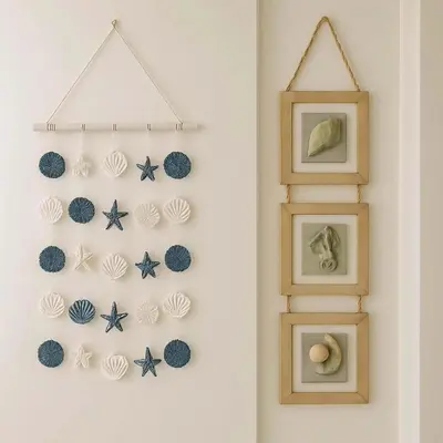 a shelf with seashells and pictures on a wall at Melrose Place Poolside Hideaway Heated Pool All Year Ideal for Groups Sleeps 6 plus in Victoria