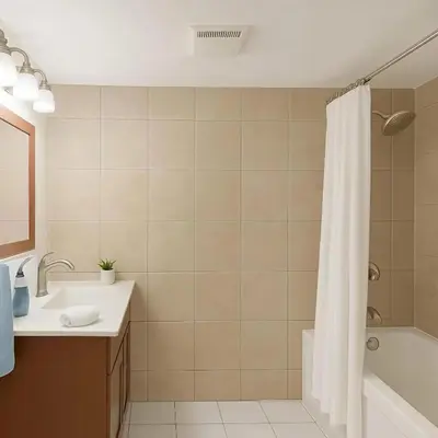 a bathroom with a shower curtain and a sink and a tub at Melrose Place Poolside Hideaway Heated Pool All Year Ideal for Groups Sleeps 6 plus in Victoria