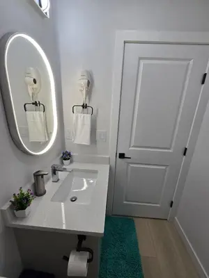 a bathroom with a sink and a mirror and a door at Cozy Modern Spacious 2 Bedroom and full kitchen in Southwest Calgary in Calgary