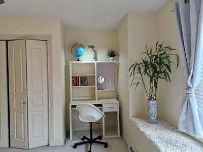 a room with a desk and a chair and a plant at Abbie's Cozy Single Rooms in Maple Ridge District Municipality