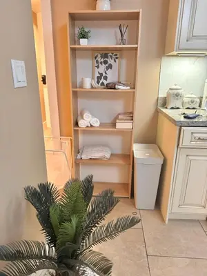 a bathroom with a book shelf and a plant at Cozy 1 Bedroom Suite in Vancouver