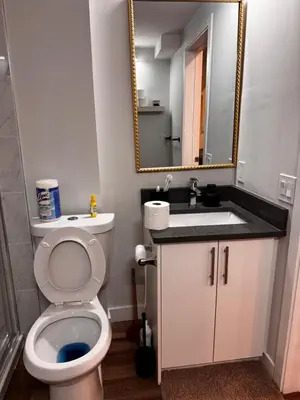 a bathroom with a white toilet and a mirror at Homey Basement Suite by Gaudi in Calgary