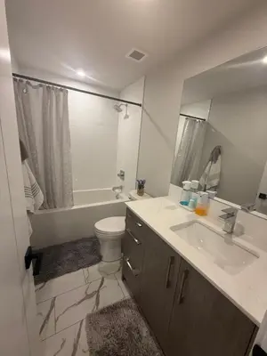 a bathroom with a sink and a toilet and a mirror at Calgary place in Calgary