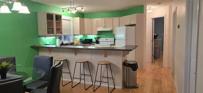 a kitchen with green walls and a counter with stools at Northern Manor in Yellowknife