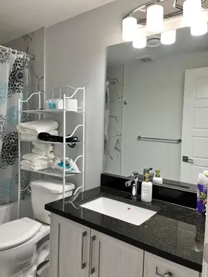 a bathroom with a sink and a toilet and a mirror at One bedroom private entrance suite in Edmonton
