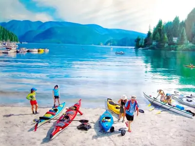 a group of people standing on a beach with boats at Casa del Mar Villa in North Vancouver