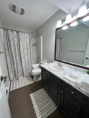 a bathroom with a sink and a toilet and a mirror at Beautiful Entire 2 Bedroom Suite in Nanaimo