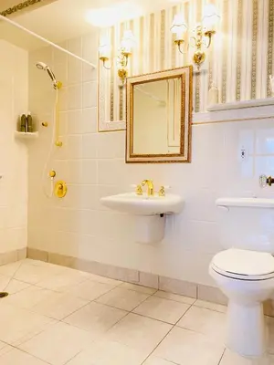 a bathroom with a toilet and a sink and a mirror at Princess and the Pea Hotel in Langley