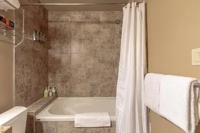 a bathroom with a bath tub and a shower at McAuley Manor - Mountain Views Downtown Location in Canmore