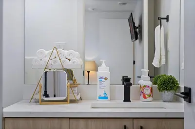 a bathroom counter with a sink and a mirror at Modern Suite by Hospital 2 Near Transit, Wi-Fi, Netflix in Edmonton