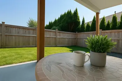 a coffee cup sitting on a table on a patio at Bright & Modern 1-Bedroom Guest Suite in Chilliwack