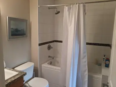 a bathroom with a shower and a toilet and a sink at Copper Sky Paradise in West Kelowna