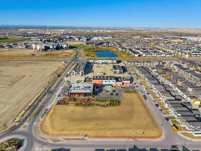 an aerial view of a parking lot in a city at Modern 2BR Private Suite Near Calgary Airport in Calgary