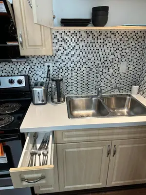 a kitchen with a sink and a stove at Bright & Cozy 1B1B in Vancouver-close to YVR Airport & DT, Free Parking, Private Entrance, in Vancouver