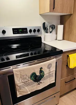 a kitchen with a stove with a rooster towel on it at Casa Del Mar-A family Suite in Victoria in Langford