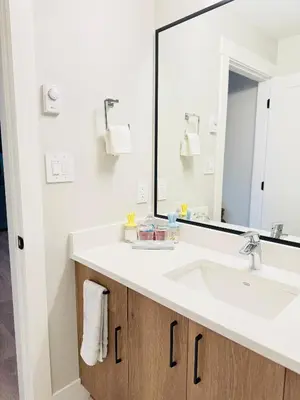 a bathroom with a sink and a mirror at Casa Del Mar-A family Suite in Victoria in Langford