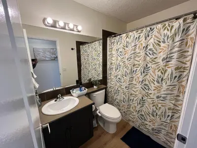 a bathroom with a shower with a toilet and a sink at 3 Adjacent 4-bed Homes - Park Views, Fully Stocked in Grande Prairie