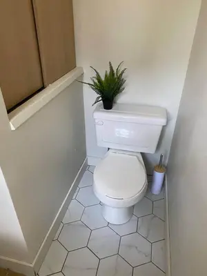 a bathroom with a toilet with a plant on it at New! Spacious Bright Home in GREAT Location in Red Deer