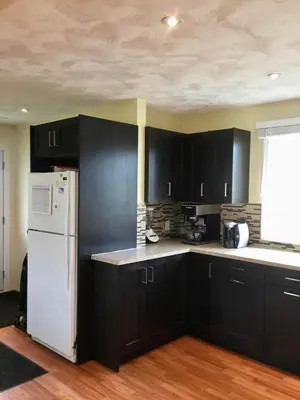 a kitchen with black cabinets and a white refrigerator at Dragon's End Guesthouse in Massett