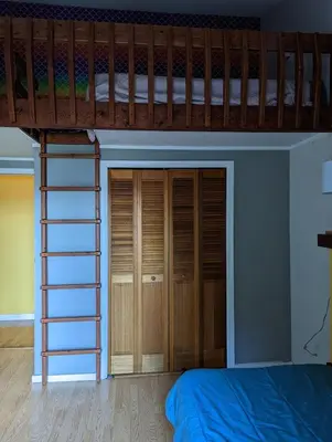 a bunk bed with a ladder in a room at The Mushroom Manor B&B and Cedar Sauna in Salt Spring Island