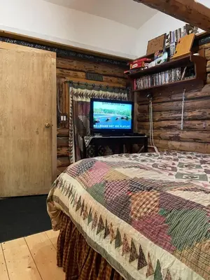 a bedroom with a bed and a flat screen tv at Cozy Country Log Cabin Art Spa Getaway in Caroline