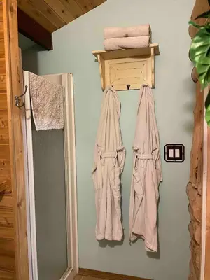 a bathroom with towels hanging on a wall at Cozy Country Log Cabin Art Spa Getaway in Caroline