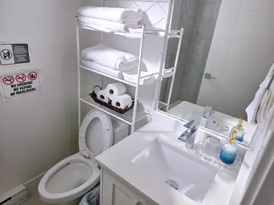 a white bathroom with a sink and a toilet at New Langford Suite near Lake & Mall, Free Parking in Goldstream Station