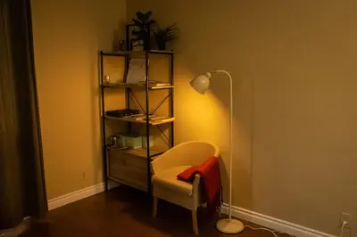 a living room with a chair and a lamp at Mi Light House \u7c73\u62c9 in Yellowknife
