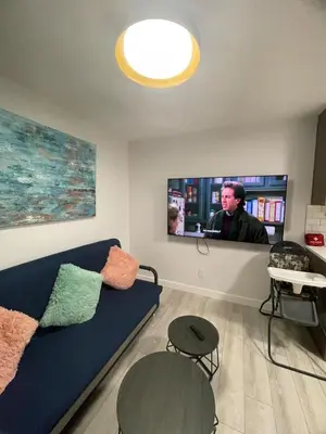 a living room with a couch and a tv at Cozy and modern two bedroom guest suite in Calgary