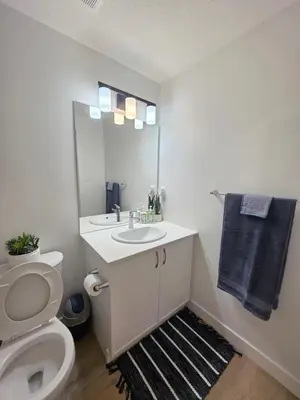 a bathroom with a toilet and a sink and a mirror at Amaville - One BRM Private Suite in West Edmonton in Edmonton