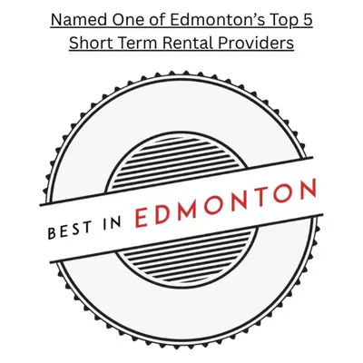 a label with the words named one of endocrinologists top short term renal at 9BDRM Chic Luxury Retreat-Hot Tub-BBQ-Sleeps 23! in Edmonton