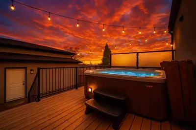 a hot tub on a balcony with a sunset at 5BDRM Chic Modern Home-Hot Tub-King Bed-AC-Garage in Edmonton