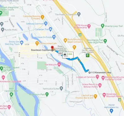 a map of a city with colored spots at New 3BR with Mountain Views Near DT Hot Tub and Pool in Canmore
