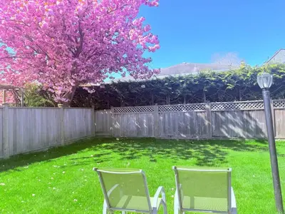 two chairs sitting in a yard next to a fence at Bright Maple Suite in Richmond