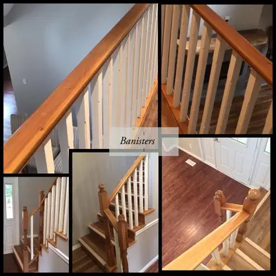 a collage of four pictures of wooden stairs at Charming 4-Bedroom Home in Bella Coola in Hagensborg