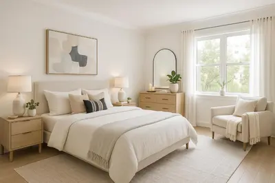 a white bedroom with a large bed and a chair at Urban Two-Bedroom Apartment with Prime Downtown Location in Vancouver