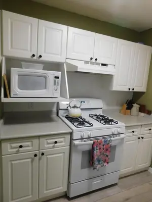 a white kitchen with a stove and a microwave at Drive Up Condo - Walk to Mount Washington in Mount Washington