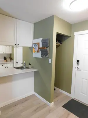 a kitchen with green walls and white cabinets and a sink at Drive Up Condo - Walk to Mount Washington in Mount Washington