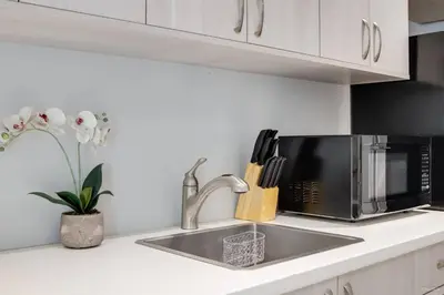 a kitchen counter with a sink and a microwave at Spacious 1BR Suite Near Capilano Bridge & Trails in North Vancouver