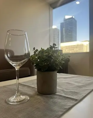 a glass of wine and a potted plant on a table at Apartment in Downtown YEG in Edmonton