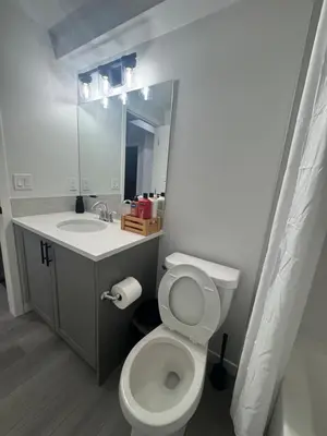 a bathroom with a toilet and a sink and a mirror at Rockies Golden Retreat 2BR Suite at Glacier Ridge NW Calgary in Calgary