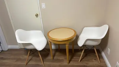 two white chairs and a table in a room at Cozy Ground-Floor Room with Private Bath and Separate Entry in Delta